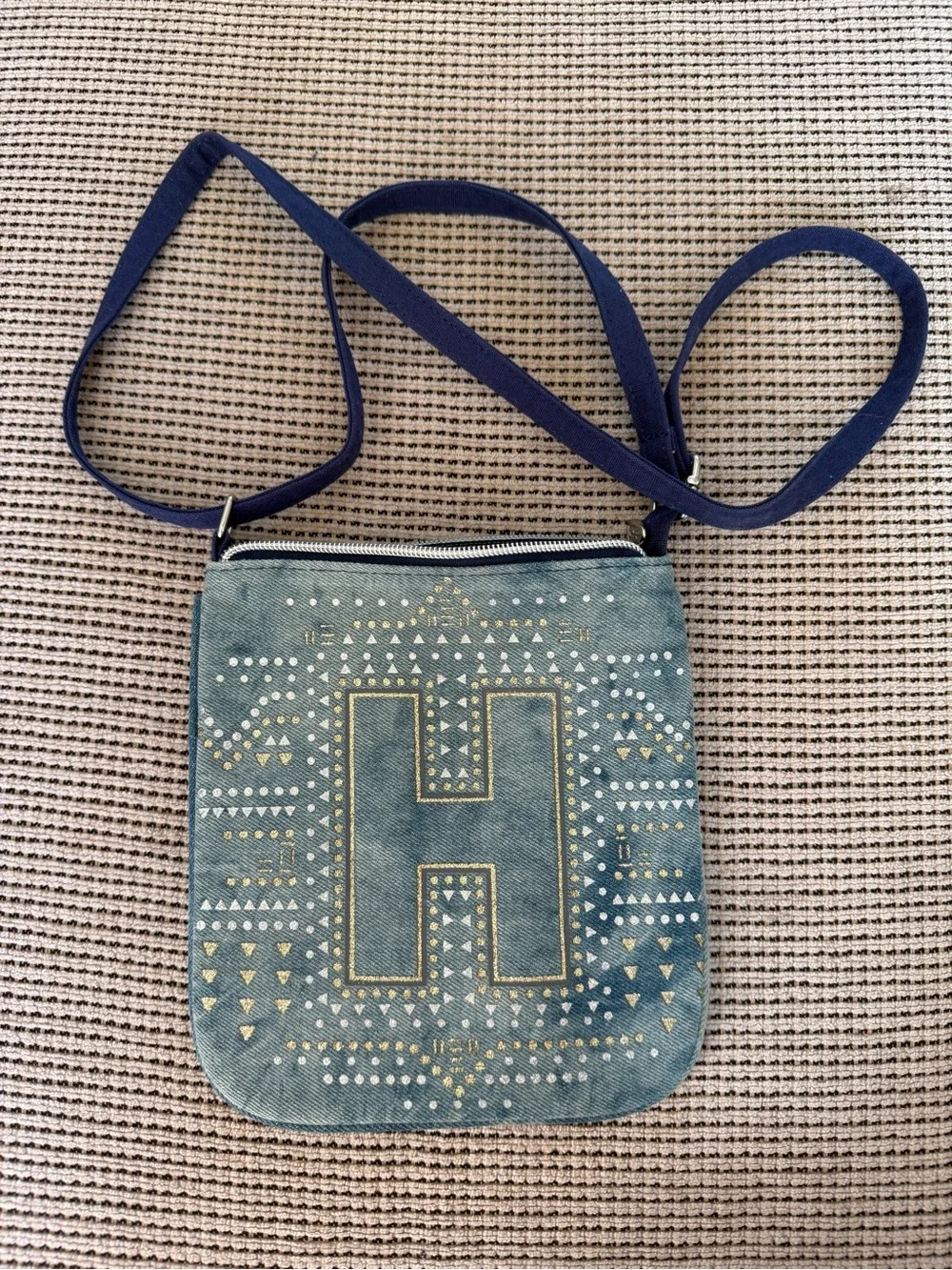 Justice denim “H” monogram girls’ purse, with silver and gold glitter